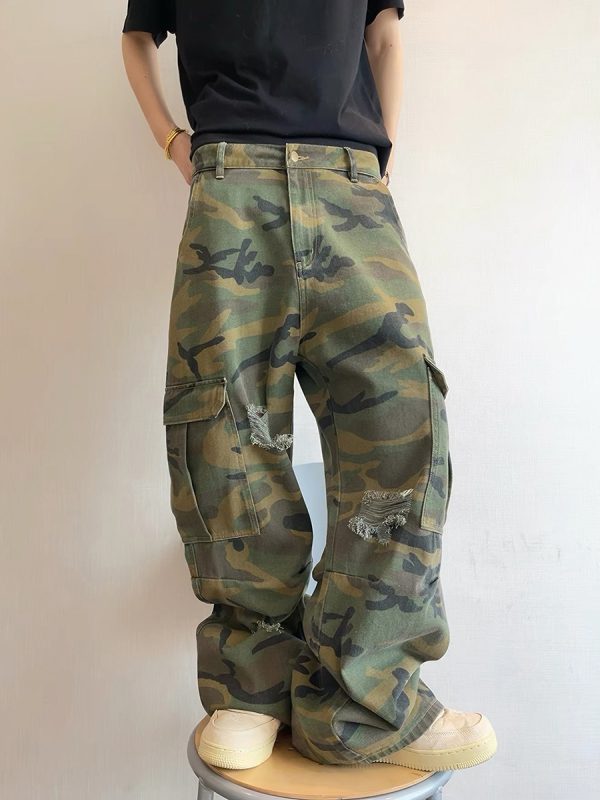 CAMO001 Men's Skate Camo Distressed Cargo Ripped Wide Leg Pants