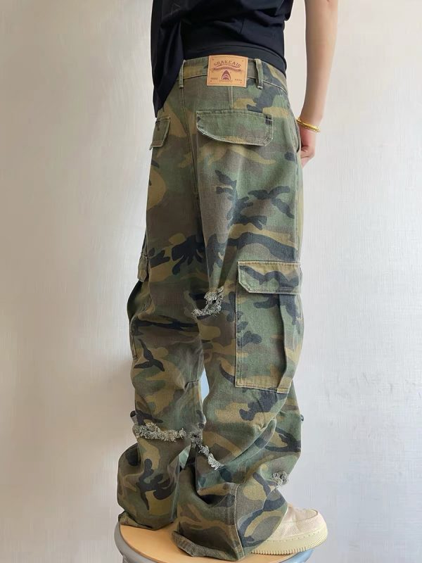 CAMO001 Men's Skate Camo Distressed Cargo Ripped Wide Leg Pants