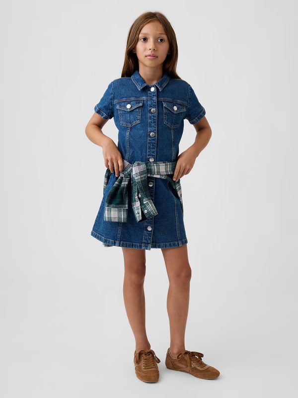 10.5 OZ Big Girls Short Sleeve Western Casual Preppy Stretch Denim Shirt Dresses