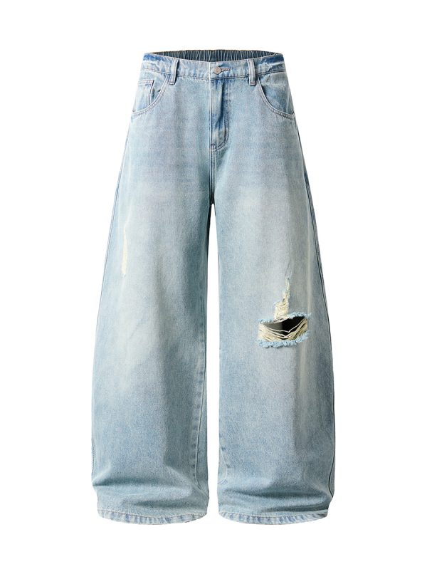 9205 Men's Curved‑leg Back‑half Elastic Waistband Ripped Jeans