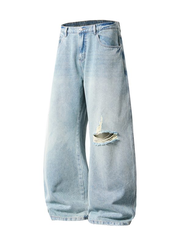 9205 Men's Curved‑leg Back‑half Elastic Waistband Ripped Jeans