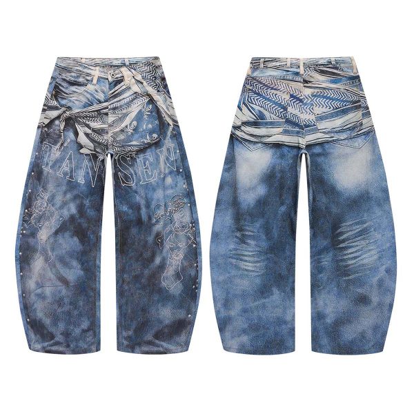 14032 Men's 14.2 OZ 3D Digital Printing Barrel Cut Curve-leg Jeans