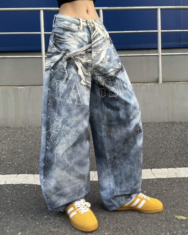 14032 Men's 14.2 OZ 3D Digital Printing Barrel Cut Curve-leg Jeans