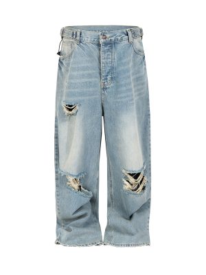 TJ175  Men's Ripped Webbing Metal Adjuster Buckle Wide Leg Jeans