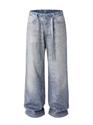 Q166 Men's 14.5 OZ 3D Digital Printing Rhinestone Loose Straight Jeans