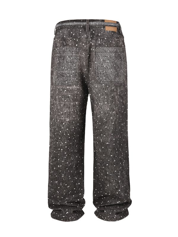 Q166 Men's 14.5 OZ 3D Digital Printing Rhinestone Loose Straight Jeans