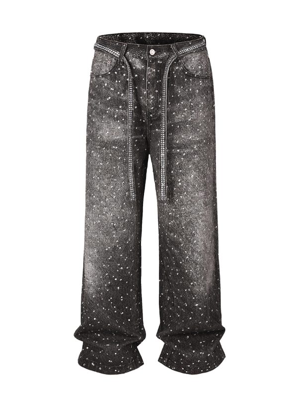 Q166 Men's 14.5 OZ 3D Digital Printing Rhinestone Loose Straight Jeans