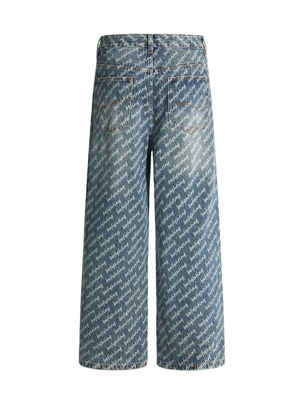H3816 Men's 13.7 OZ All‑Over Printing Loose Straight Denim Jeans