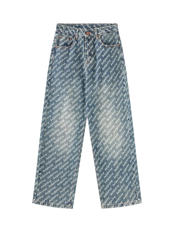 H3816 Men's 13.7 OZ All‑Over Printing Loose Straight Denim Jeans