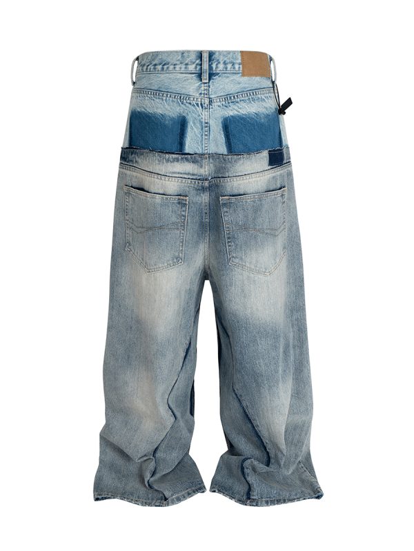 MJ016  Men's 15.5 OZ Y2K Baggy Double Waist Wide Leg Patchwork Jeans