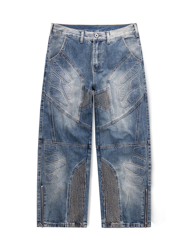 JK9661 Men's Moto Biker Laser Etching Stitched Embossed Jeans