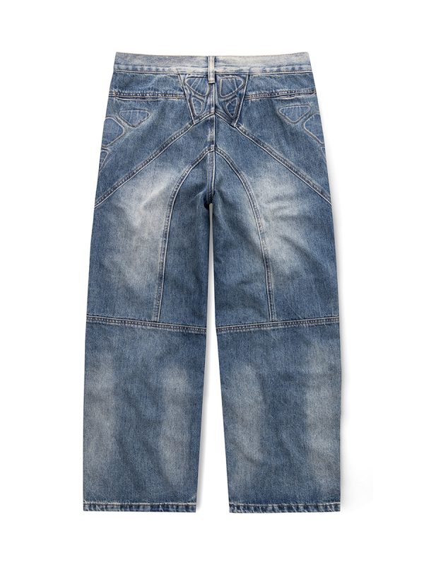 JK9661 Men's Moto Biker Laser Etching Stitched Embossed Jeans