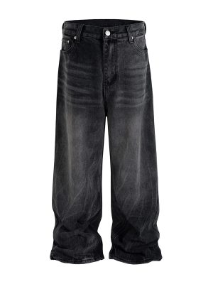 FJ067 Men's Enzyme Stone Wash Charcoal Black Baggy Jeans