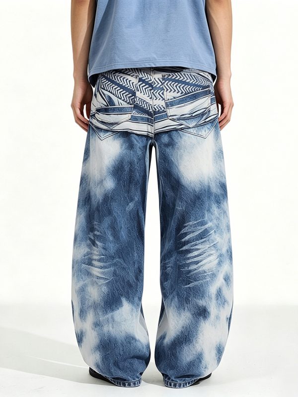 14032 Men's 14.2 OZ 3D Digital Printing Barrel Cut Curve-leg Jeans
