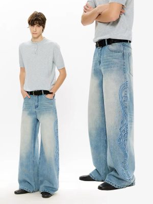 EMBD002 Men's 15 OZ 3D Raised Cord Embroidery Wide Leg Jeans