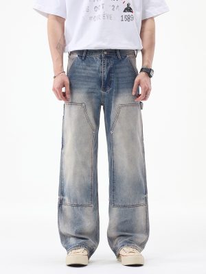 JK9683-1  Men's 14.8 OZ Cargo Raw Hem Loose Straight Carpenter Jeans