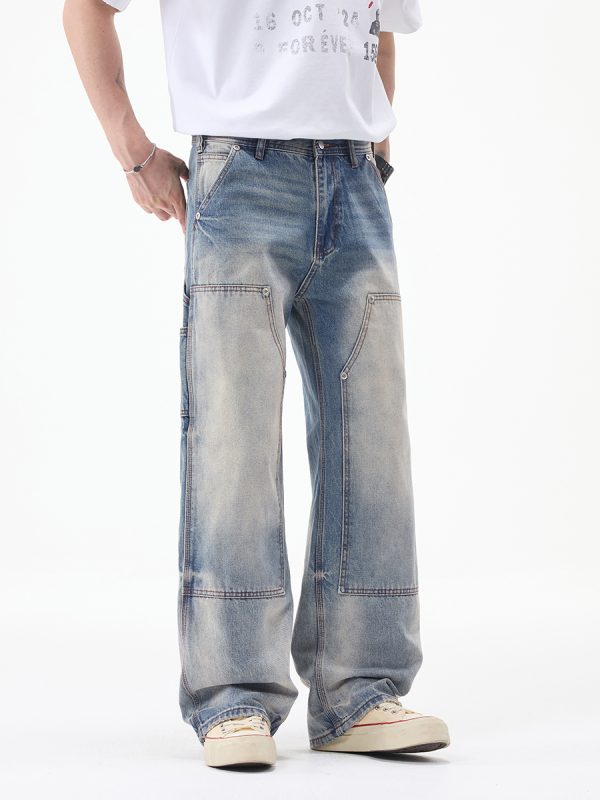 JK9683-1  Men's 14.8 OZ Cargo Raw Hem Loose Straight Carpenter Jeans