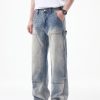 JK9683-1  Men's 14.8 OZ Cargo Raw Hem Loose Straight Carpenter Jeans