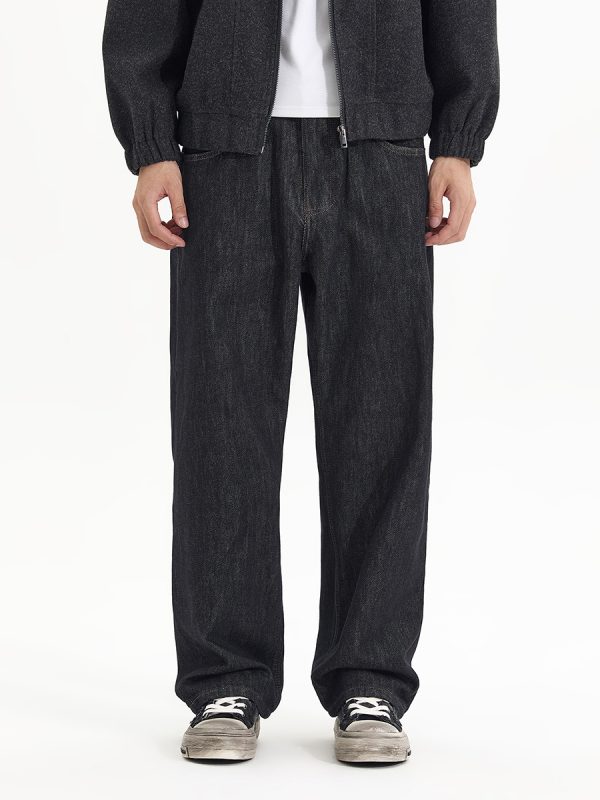 DK3070  Men's 13.6 OZ Black Raw Denim Loose Straight Jeans
