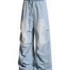E6697  Men's 10.8 OZ Laser Etching Elastic Waist Baggy Parachute Denim Jeans